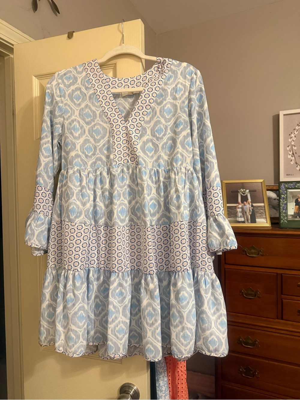 Blue Patterned Girls' Tiered Dress